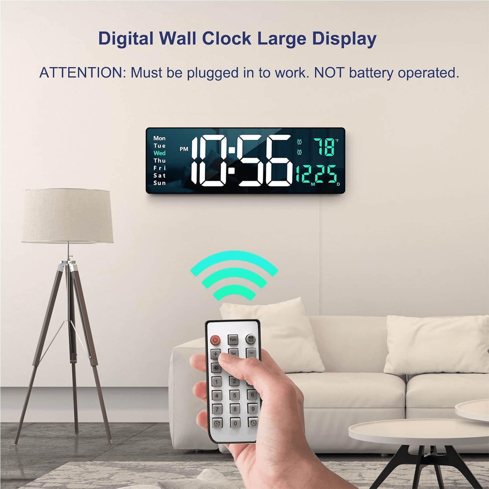Soapow Large Digital Wall Clock, 16" LED Auto Brightness Dimmer Clock with Remote Control, Date Week Temperature for Living Room Decor