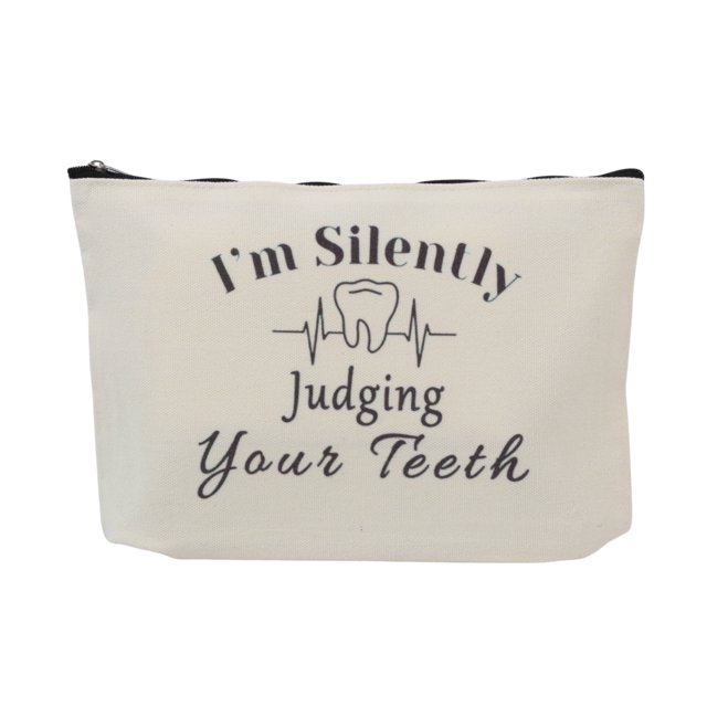 Ofertas Únicas 1 Pc Bolsa de Maquillaje de Patrón de Dientes Duradera de Lona Beige