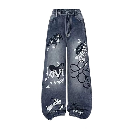 OSOLU Children Girls Jeans Casual Straight Wide Leg Loose Fit Comfortable Denim Pants with Pockets Trendy Vacation Trousers