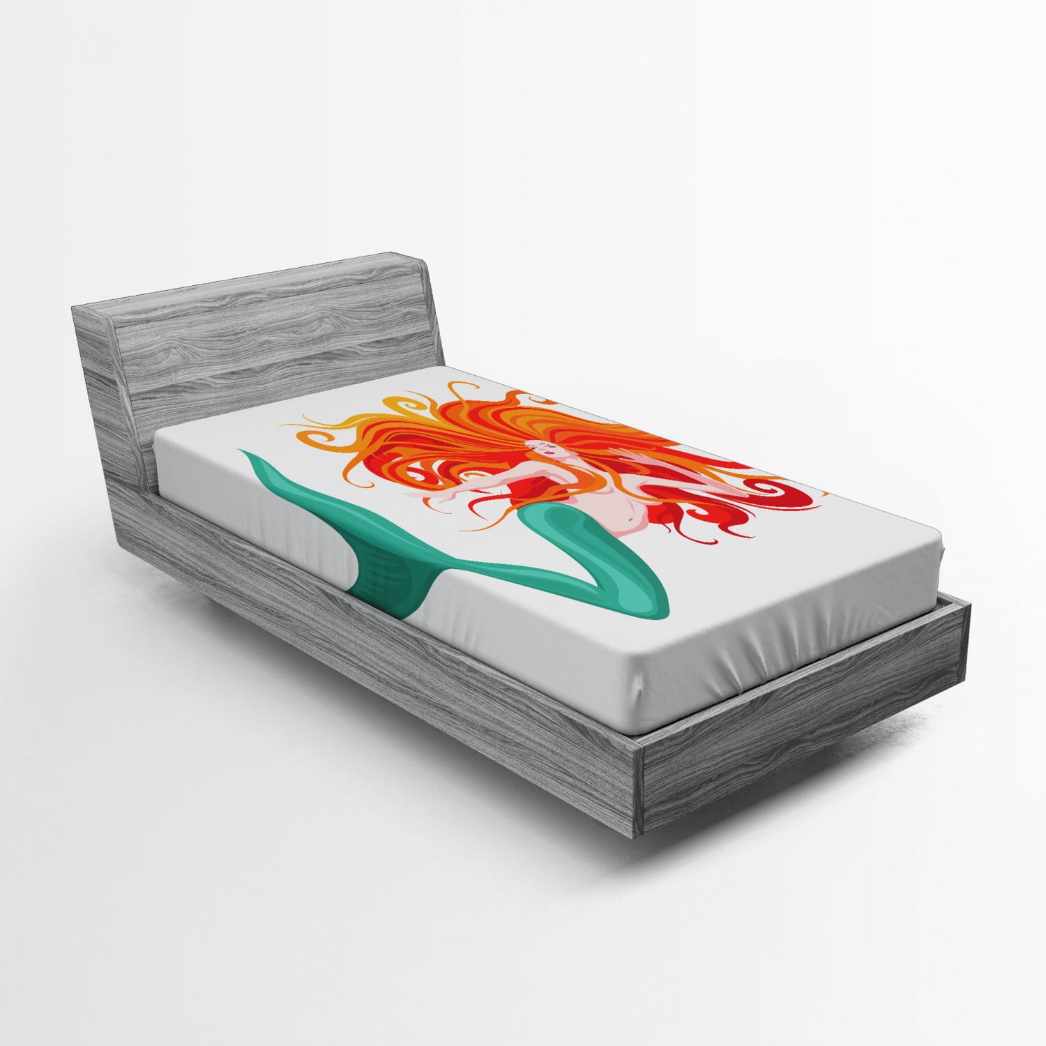 Underwater Fitted Sheet, Illustration of Red Haired Mermaid Romantic