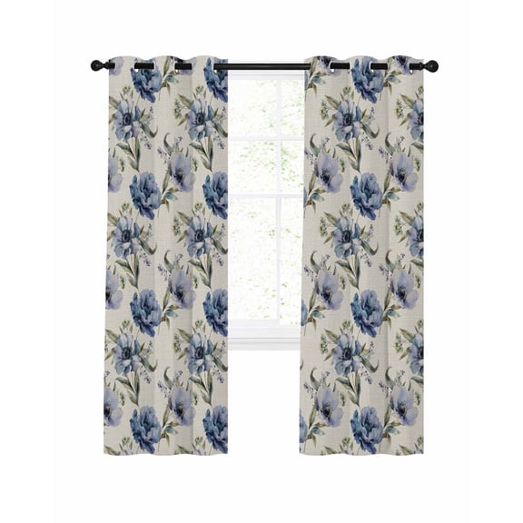 Navy Blue Floral Blackout Curtains, Light Blocking Print Window Curtains, Vintage Flowers Elegant Pastoral Rustic Thermal Insulated Window Drapes for Living Room 2 Panels, 104"W x 90"L