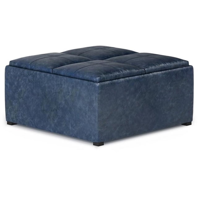 Simpli Home Avalon Pouf-Coffre Carré de 35 Pouces en Similicuir, Bleu Denim