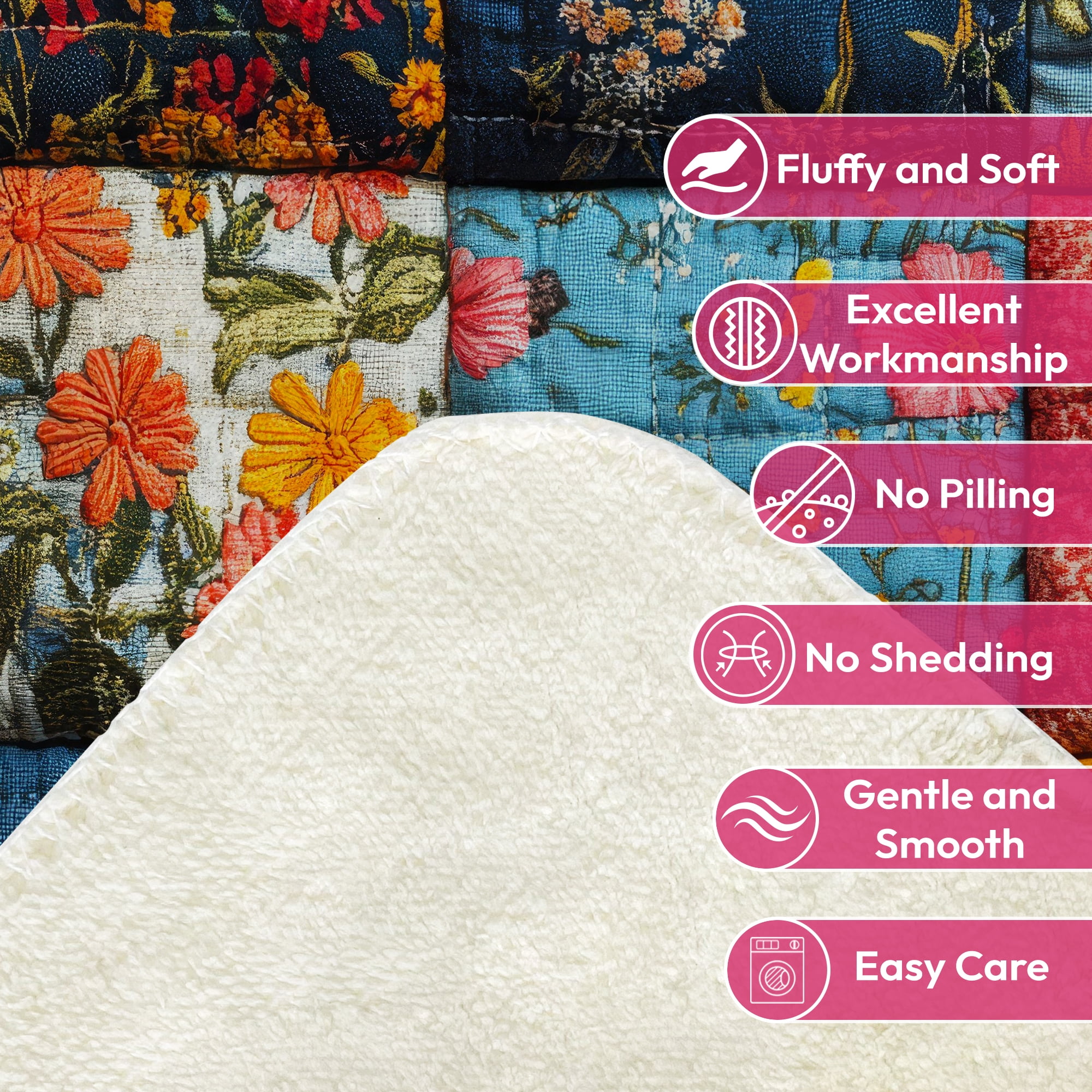 Sherpa Fleece Twin Blanket 60"x80" Reversible Plush Fluffy Blanket, Double-Layer Super Soft Flannel Blanket for Sofa, Couch, Bed, Patchwork Floral Pattern
