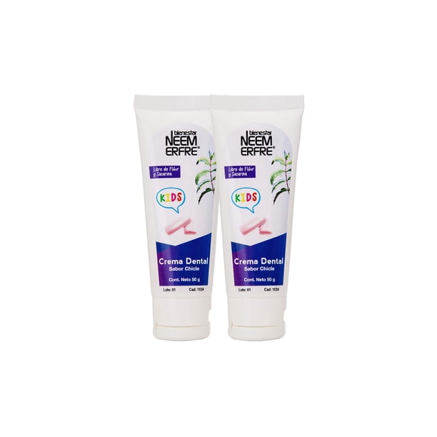 bienestar NEEM ERFRE paquete de 2 Crema dental infantil sabor chicle para niños bienestar NEEM ERFRE 2 envase de 50gr c/u
