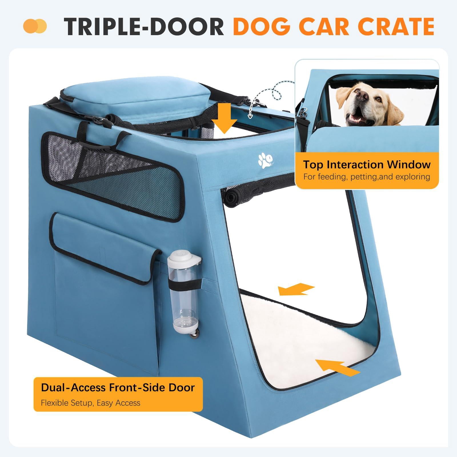 Portable Dog Crate For Car Travel  Collapsible Large With Metal Frame & 3-door Mesh Windows Secures In Trunk/backseat Soft-sided Kennel Carrier Medium Dogs-l