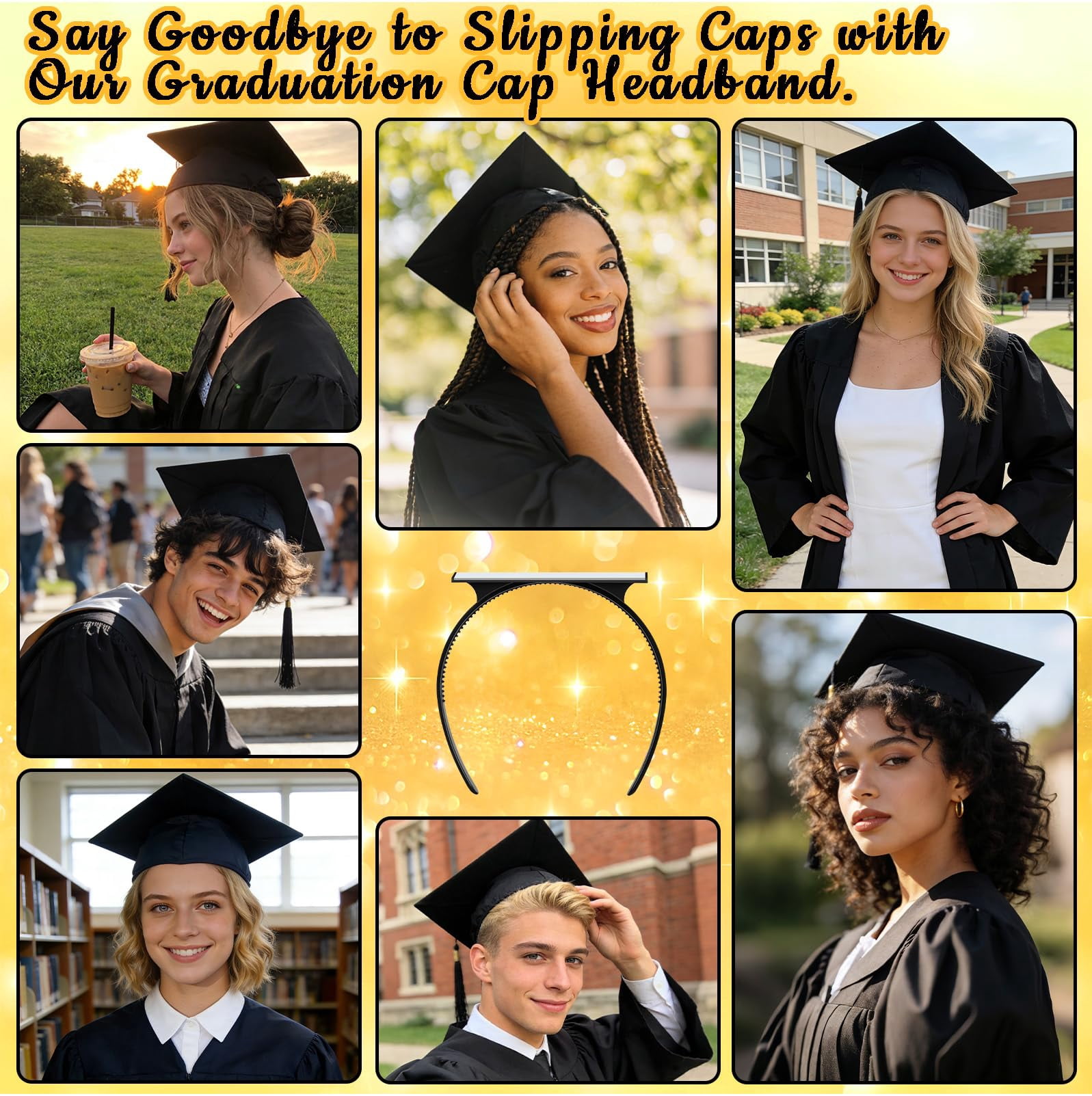 2 Pcs Black Graduation Cap Headband Insert, Anti-Slip Graduation Hat Holder for Curly Hair, Secure Fit Hairband Accessory, Keeps Hairstyle Natural and Stable