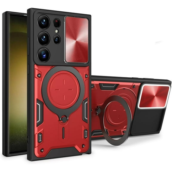 Magnetic Ring Bracket Sliding Window Phone Case for Samsung Galaxy S22 S21 / Ultra/Plus/FE, Lens Protection  Shell, Shockproof Stand Back Cover