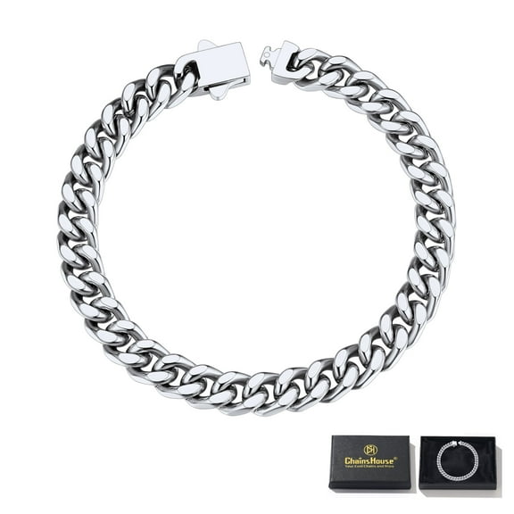 "ChainsHouse Stainless Steel Hypoallergenic Cuban Link Chain Bracelet for Men, Silver, 5mm/7mm/9mm/12mm Width, 7.5"""