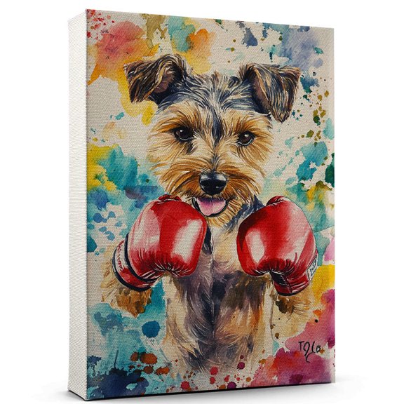Welsh Terrier Dog Stretched Canvas Size 8x12 – Boxing Theme Dog Art for Wall, Welsh Terrier Dog Playing Boxing Wall Art, Dog Lover Canvas Decor