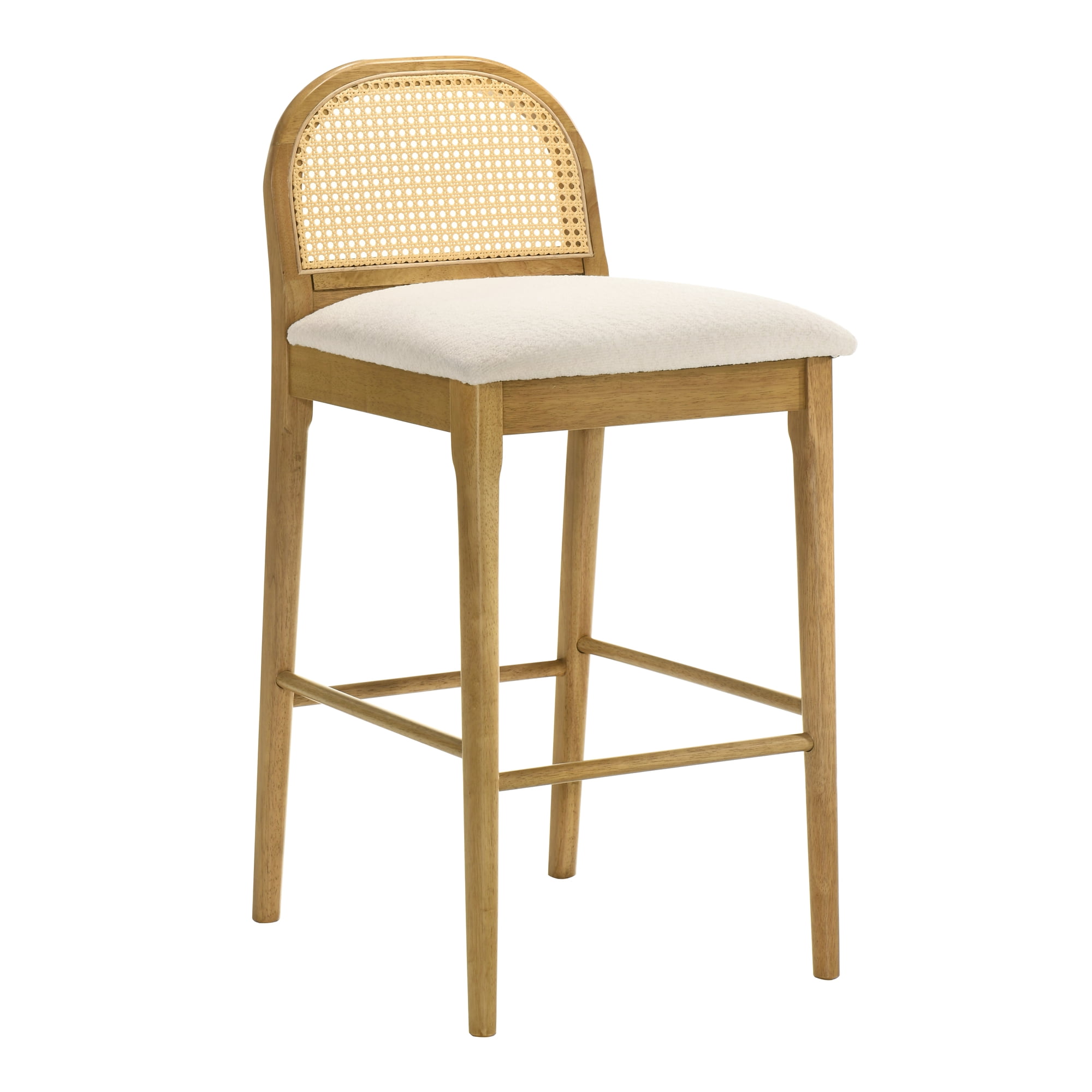 Lucio Modern Farmhouse Wood Bar Height Kitchen Bar Stool in Amber Glow Finish with White Boucle Fabric Upholstered Seat - Set of 2