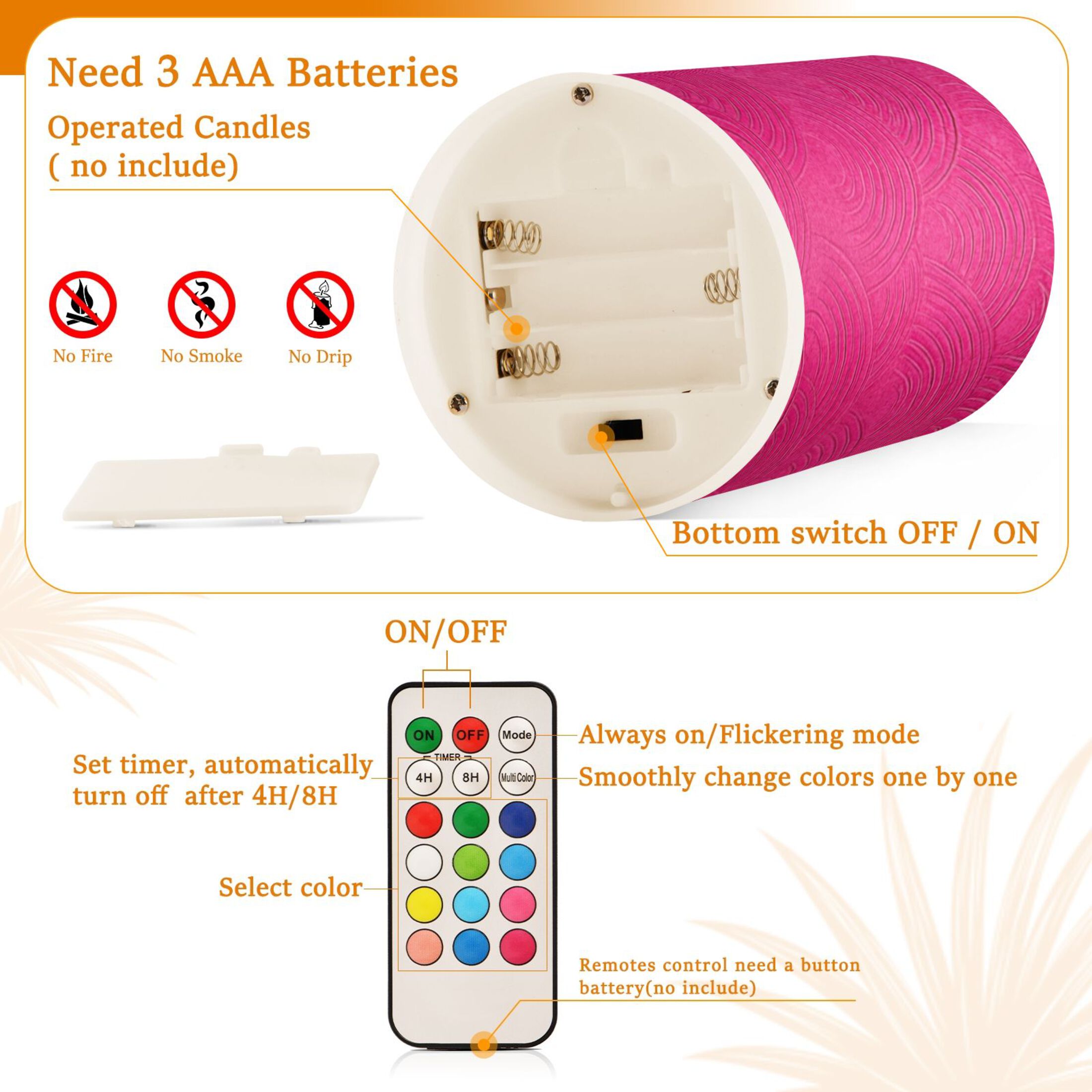 Hot Pink Background with Waves Flickering Flameless Candles LED Tealight Battery Operated with Remote Set of 2 Holiday Decor Ornaments