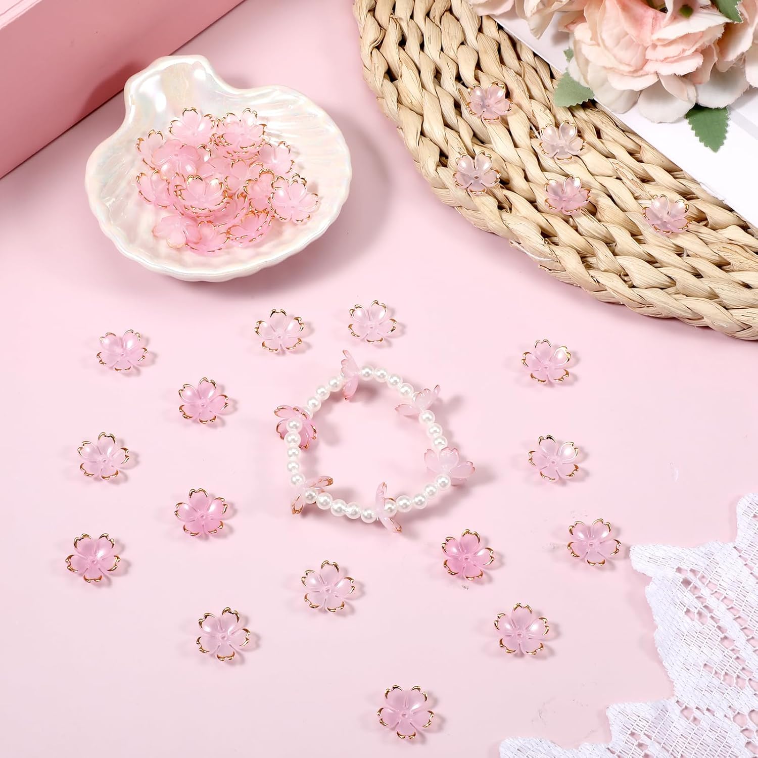 100 Pcs Rose Red Cherry Blossom Acrylic Beads | 5-Petal Flower Spacers For Jewelry Making, DIY Crafts