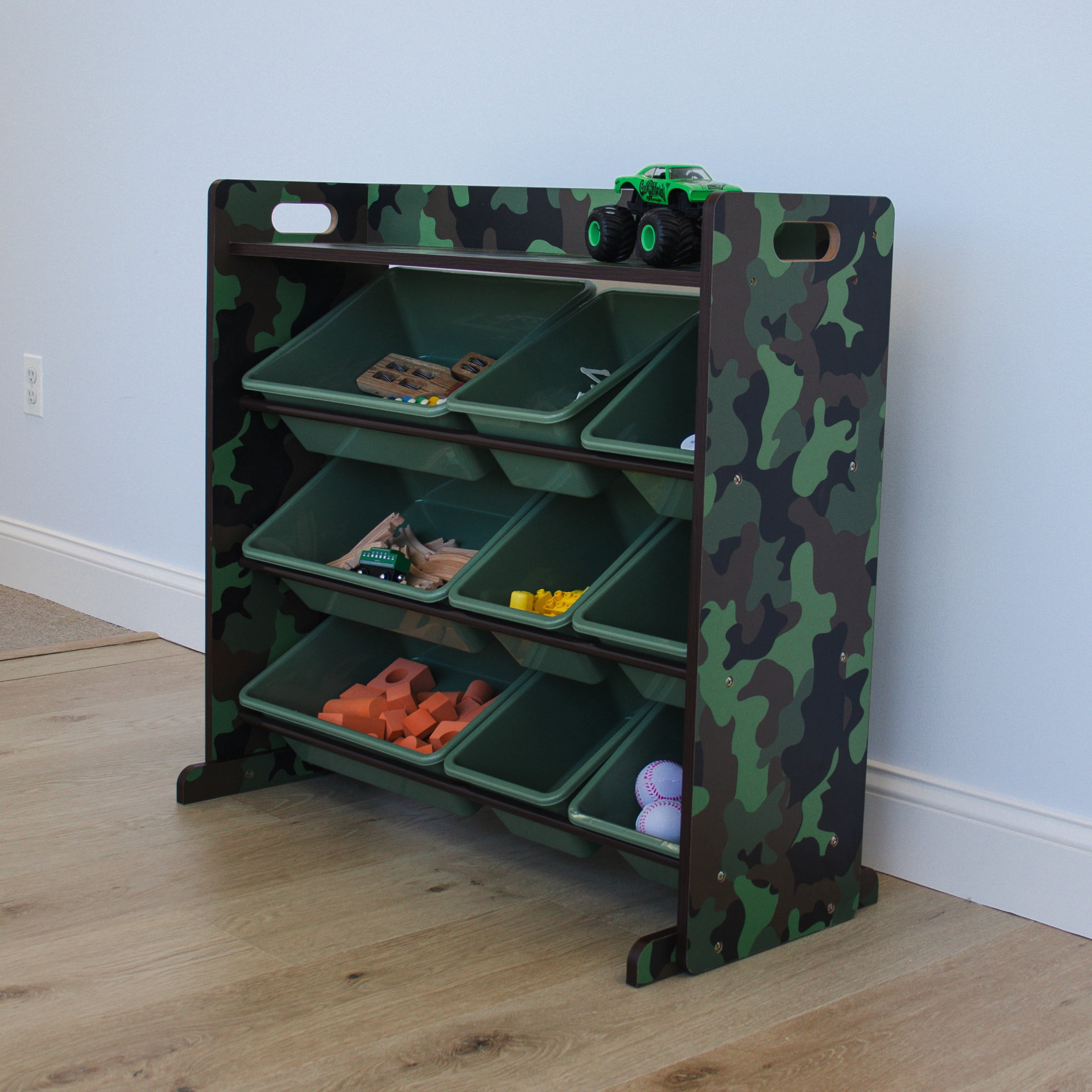 Humble Crew Kids Toy Storage Organizer with Shelf and 9 Plastic Storage Bins, Army Green Camo