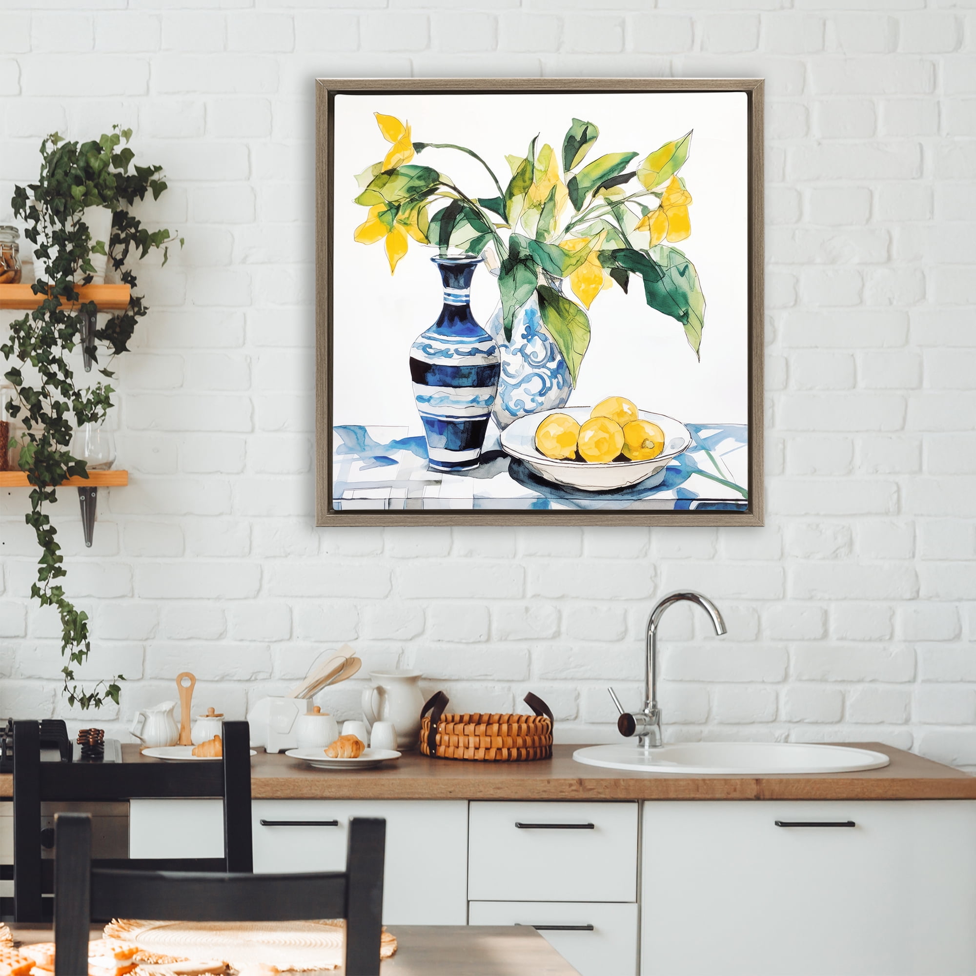 Stupell Industries Lemons & Leaves Table Setting Brown Framed Floater Canvas Wall Art, design by Ray Powers