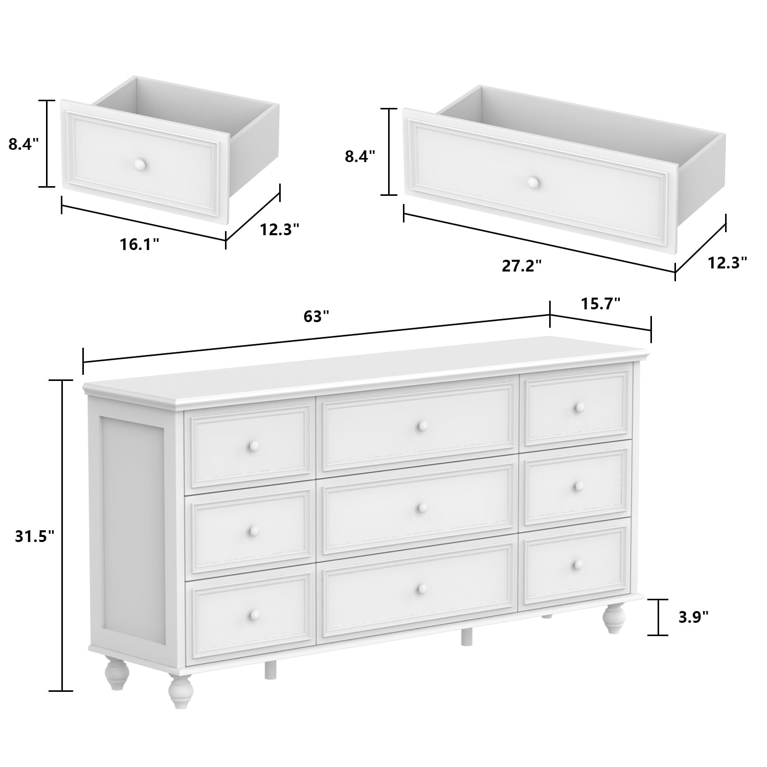 MONSLIPA 9 Drawer Dresser for Bedroom,63" Wide Chest of Drawers Nursery Dresser for Bedroom Living Room White