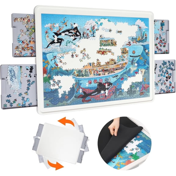 1500 Pieces Rotating Plastic Puzzle Board with Gray Drawers and Cover, 35"x27" Portable Spinning Jigsaw Puzzle Table for Adults, Upgraded Lazy Susan, Ideal Gift for Mum
