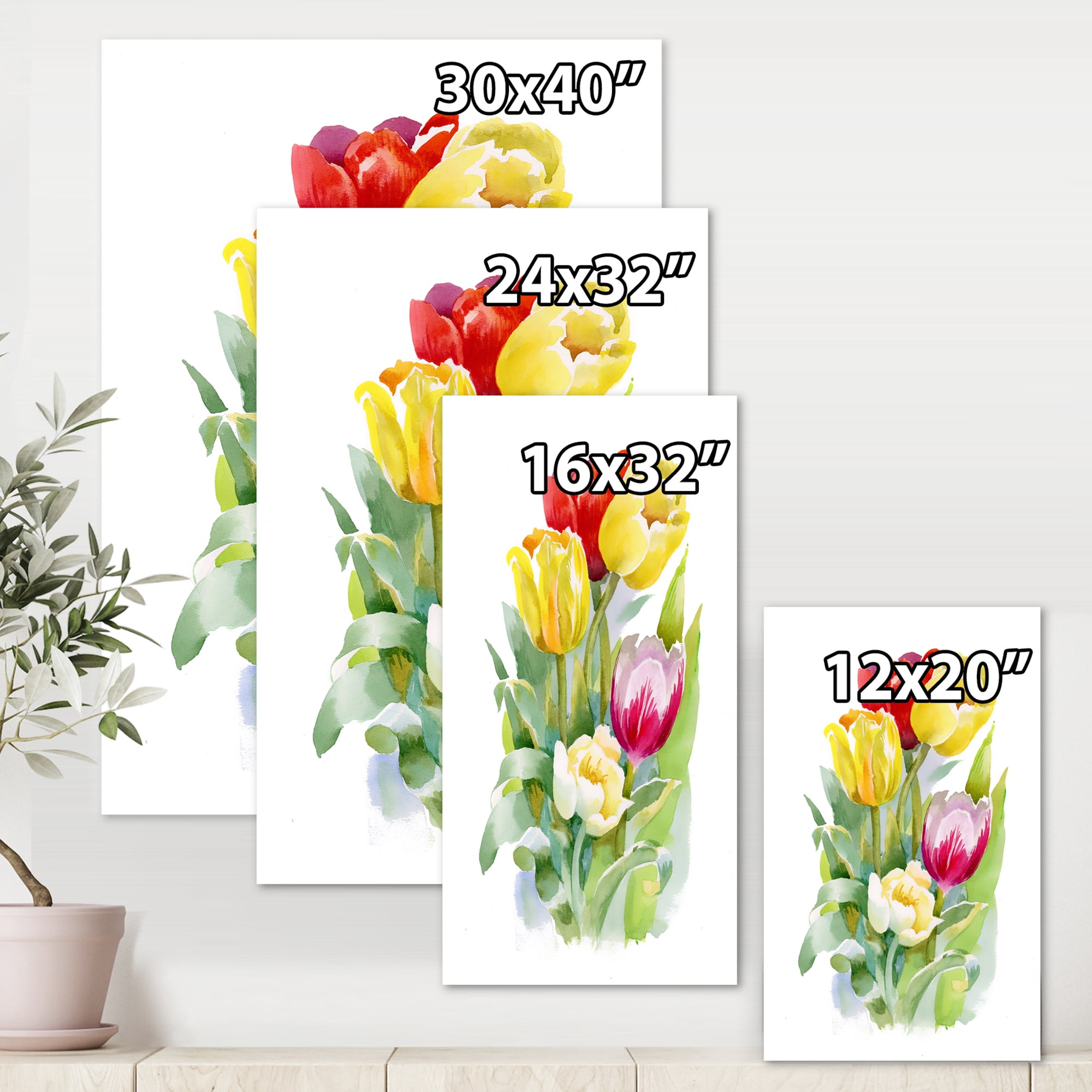Bouquet of Red and White Tulips 8 in x 12 in Painting Canvas Art Print, by Designart