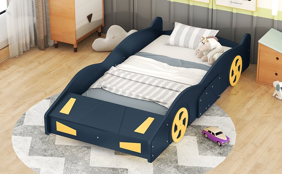 Twin Size Platform Bed with Wheels and Storage, Dark Blue+Yellow
