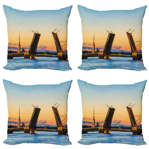 Ambesonne Travel Throw Pillow Cover 4 Pack, Bridge Seascape Sunset, 24", Orange Blue