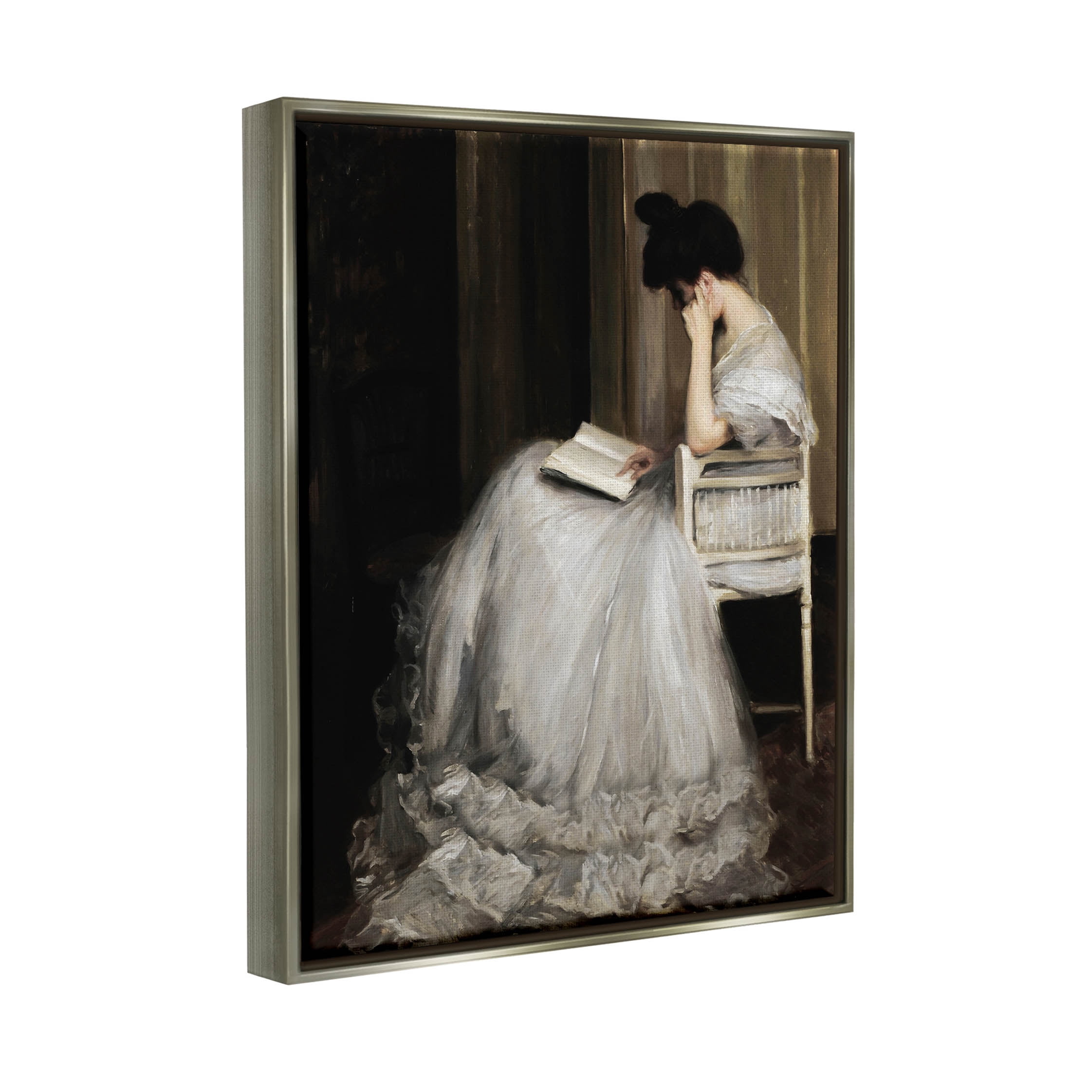 Woman in Gown Reading Portrait Typography Painting Luster Gray Framed Art Print Wall Art