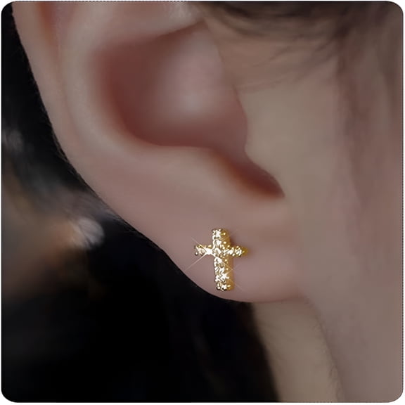 DESIGNICE 14K Gold Plated Hypoallergenic Small Cross Stud Earrings Pave Cz Tiny for Women Gold Cross Earrings for Women