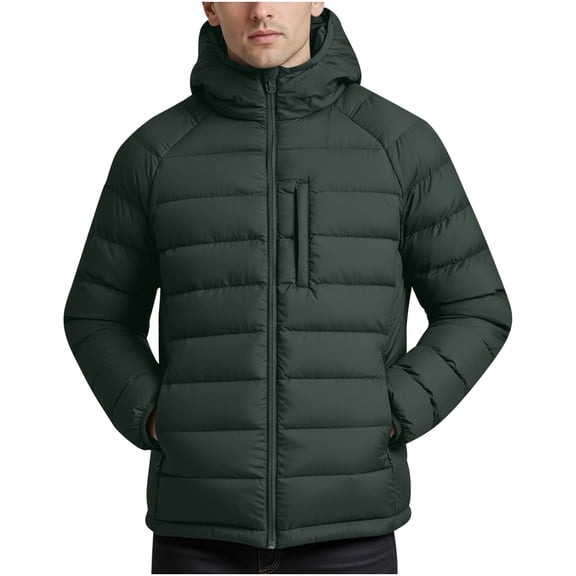 Mrmaere Men's Hooded Quilted Puffer Jacket Zippered Pocket Warm Insulated Coat for Winter Casual & Outdoor Wear Army Green L