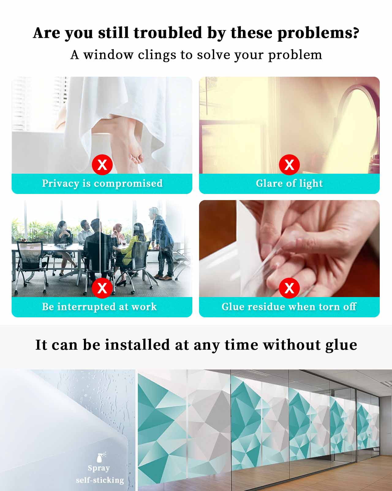 Window Privacy Film, Turquoise Green Grey Ombre UV Sun Blocking Window Tint Film Heat Control One Way Blackout Window Film, Geometric Gradient Marble Color Block Non Adhesive Static Cling 23.6x59 In