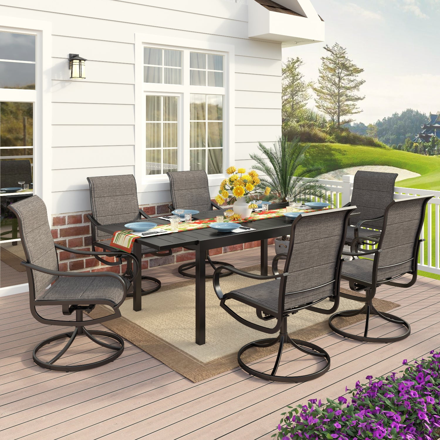 MF Studio 7-Piece Outdoor Patio Padded Dining Set Modern Metal Furniture with 6 Swivel Dining Chairs and 1 PC Large Extendable Table, Balck&Gray