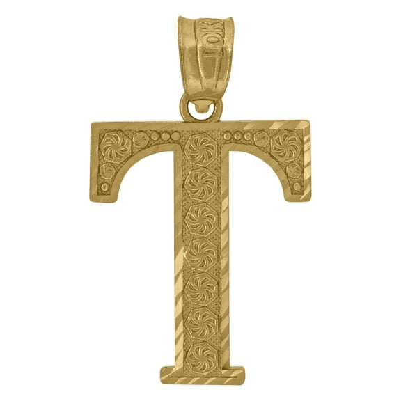 Pure 10k Yellow Gold Unisex Initial "T" Letter Pendant 1.1g Diamond Cut Charm