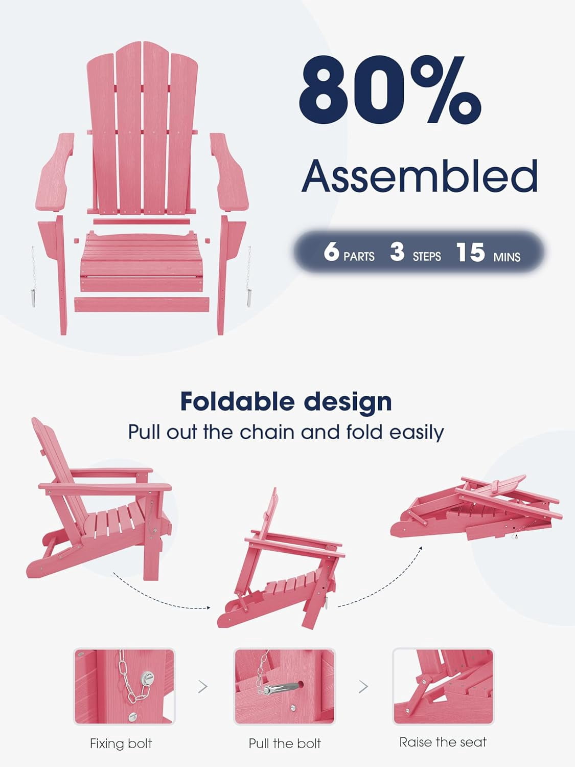 SONGMY Folding Adirondack Chair, HDPE All-Weather Patio Chairs, Wooden Textured Lawn Chair for Poolside, Backyard, Deck, Fire Pit, Light Pink