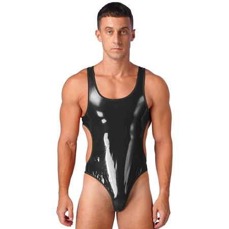 TiaoBug Men s Shiny Leather Bodysuit Sleeveless Open Back High Cut Thong Leotard Jumpsuit Swimsuit Black 4XL