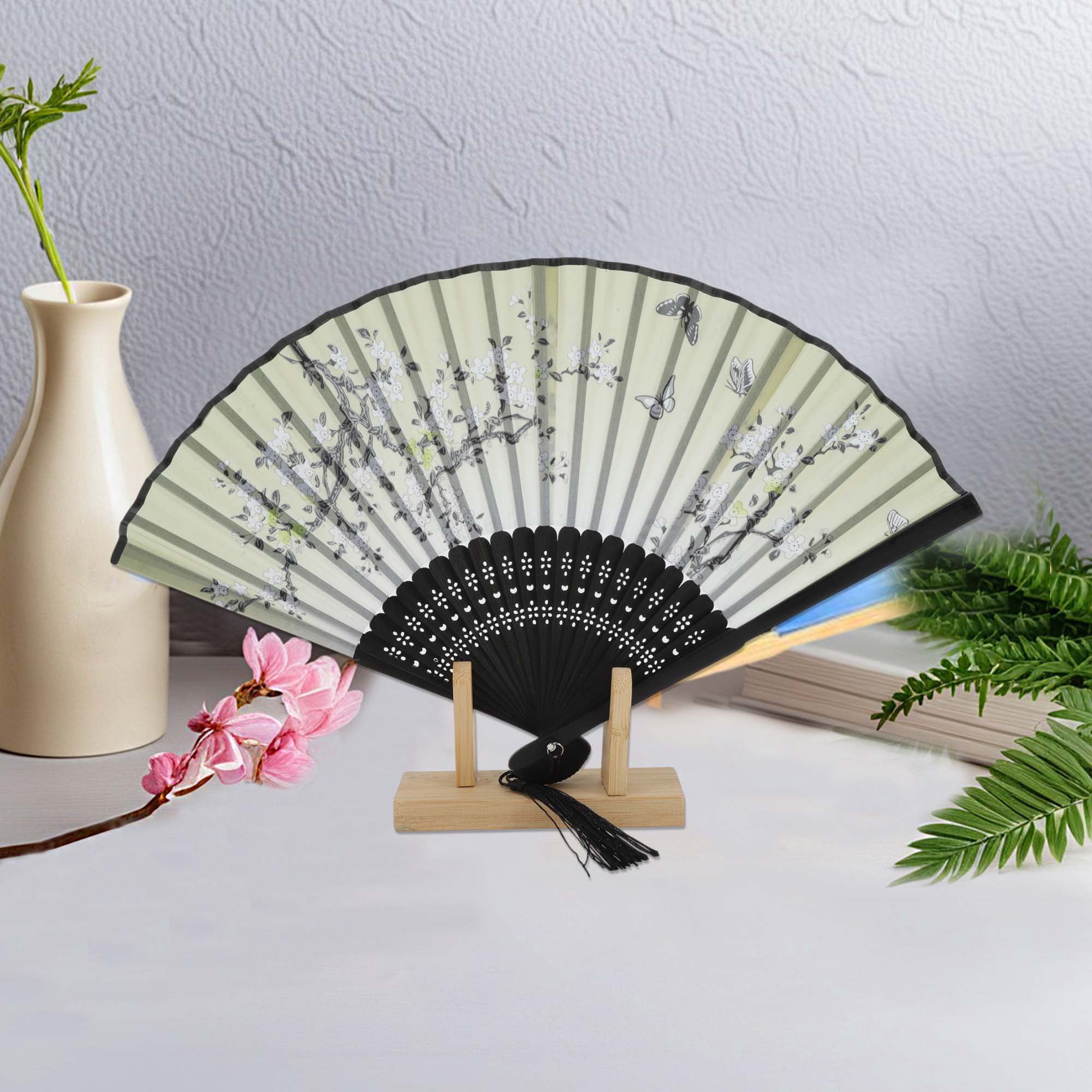 Unique Bargains Ancient Style Folding Fan 1Pc Green [Elegant Falling Pear Blossoms Print]