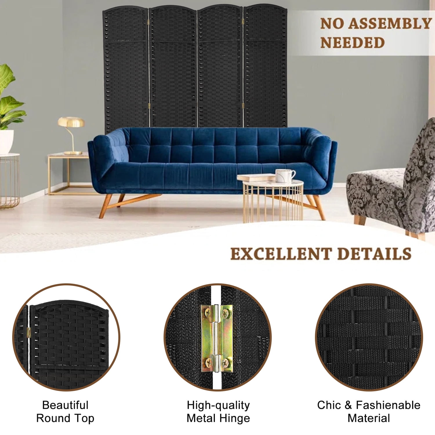 4 Panel Room Divider Folding Privacy Screen 5.57 FT Tall Partition Room Separator   Freestanding Wall Divider, Black