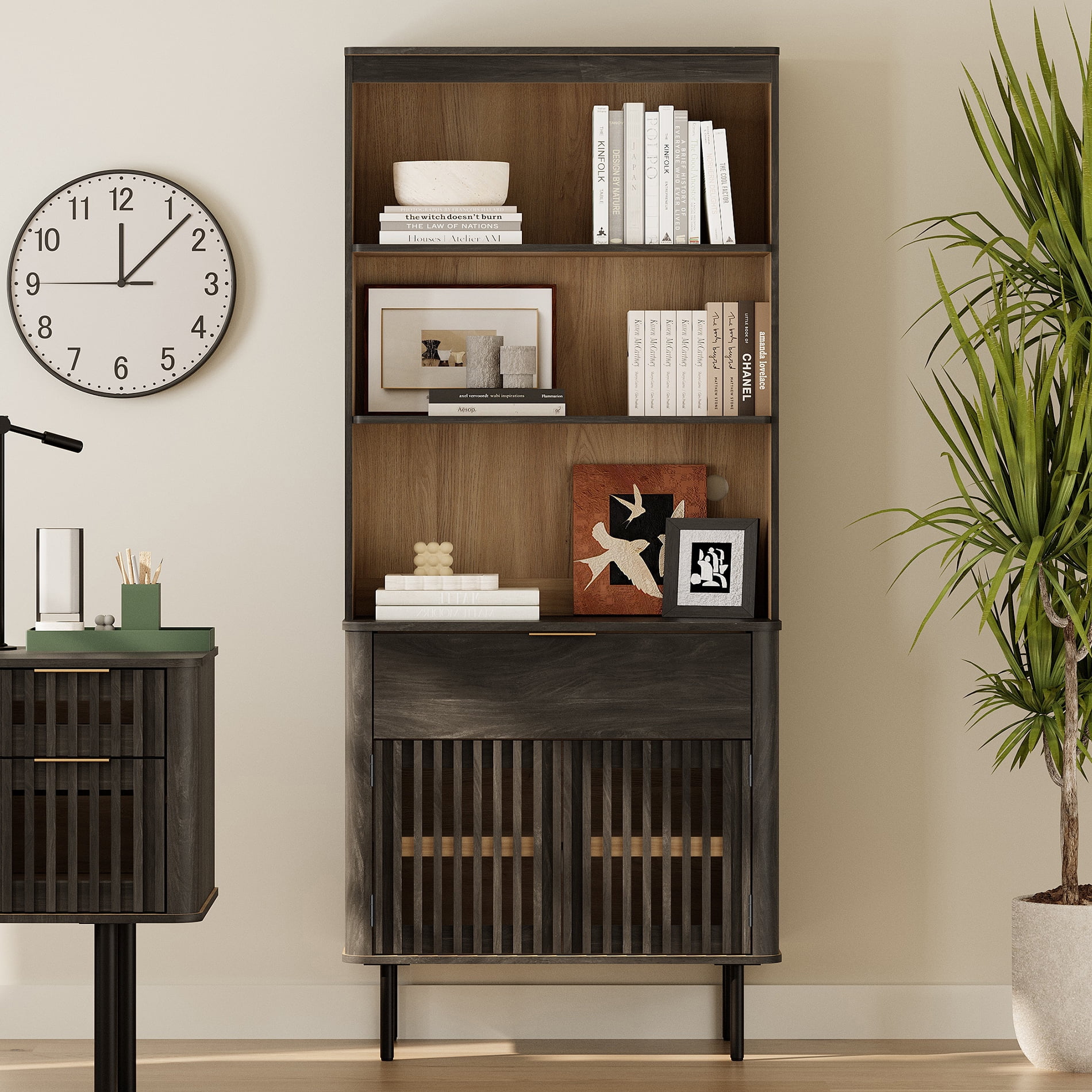 Kitchen Pantry Storage Cabinet with Doors & Drawer, 72.8" Tall Modern Fluted Kitchen Cabinet, Adjustable Shelf, Cable Management, 5 Tier Freestanding Cupboard for Dinning Room, Black, 3 PCS