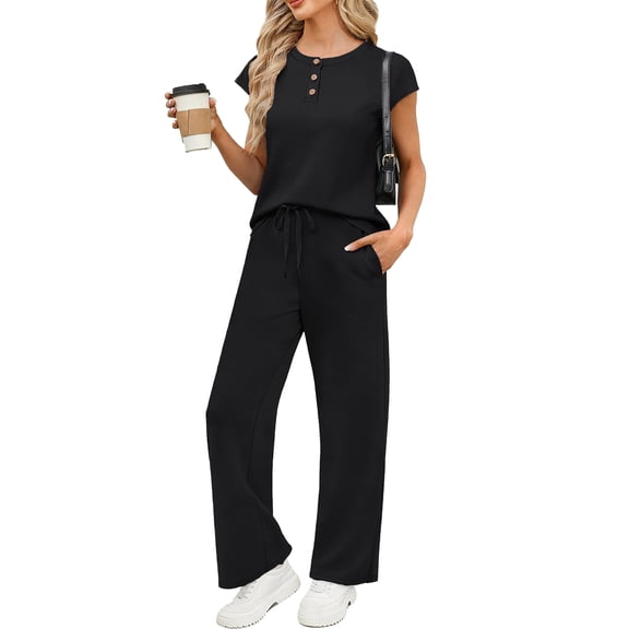 SUNBS Lounge Sets for Women 2 Piece Outfits Sweat Suit Casual Cap Henley Sleeve Summer Airport Travel Matching Vacation
