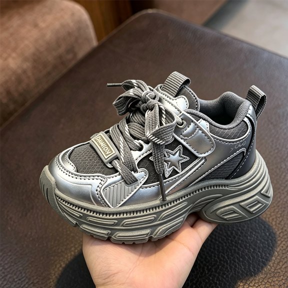 Kids Sneakers, Kids Running Shoes, Basketball Shoes, Boys Tennis Shoes, Kids Fashion Chunky Sneakers for Girls Trendy Mesh Sport Shoes Toddler Sneakers for Walking Running, Black US-5C/EU-21