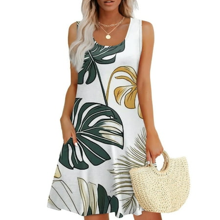 GXIPO Sun Dresses for Women 2025 Vacation Spring Dresses for Women 2025 Boho Sundress Sleeveless A Line U Neck Swimsuit Coverup Dress Hawaiian with Pockets White L