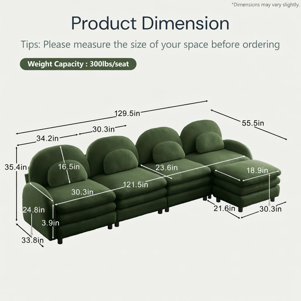 Hommoo Teddy Fleece 4-Seat Modular Sectional Sofa, Cloud-Like Double-Layer Cushion, Curved Backrest & Armrest, Movable Ottoman, Easy Assembly, Green
