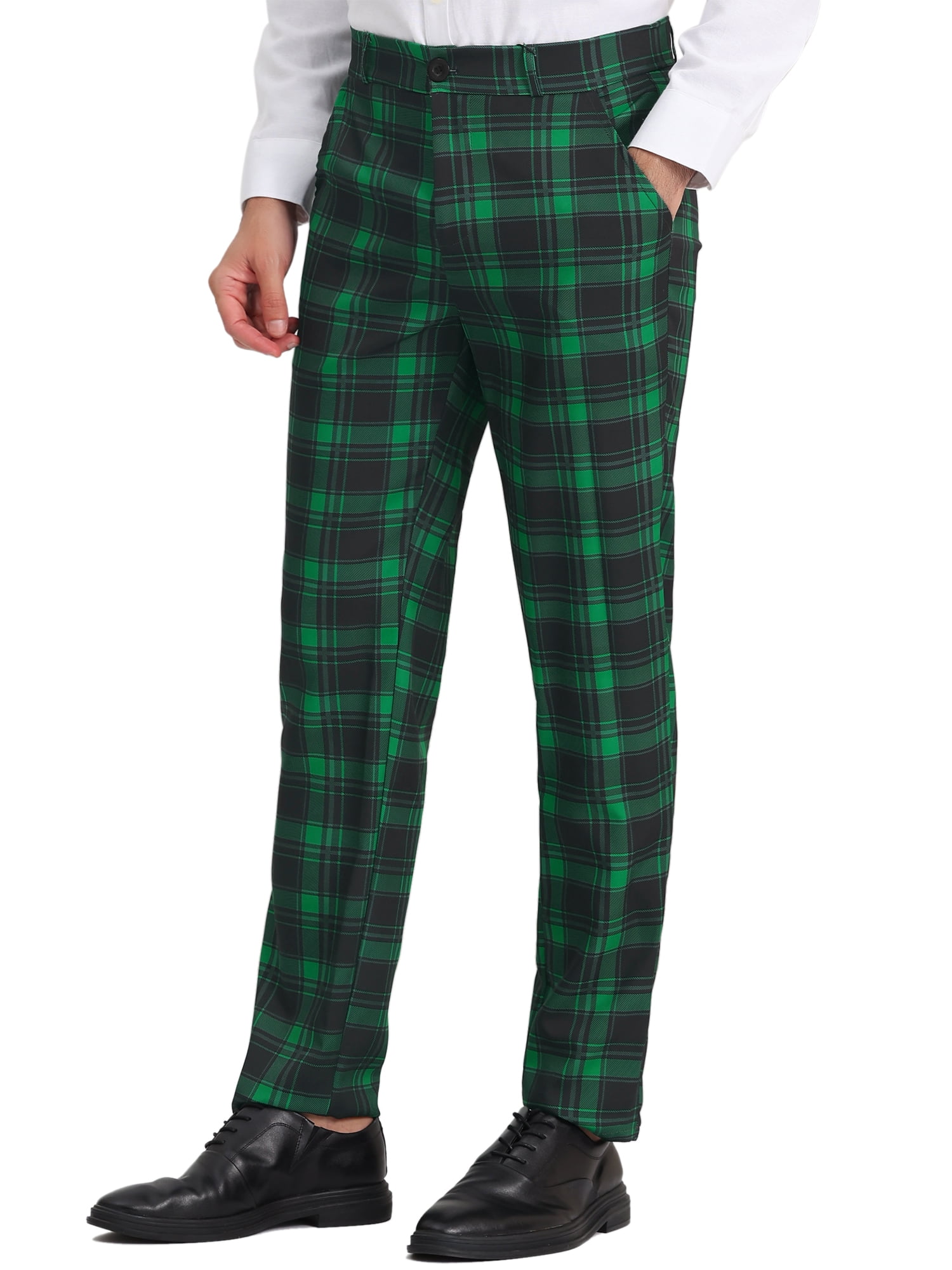 Unique Bargains Men's Checked Suit Pants Flat Front Elastic Waist Plaid Pants 32 Green