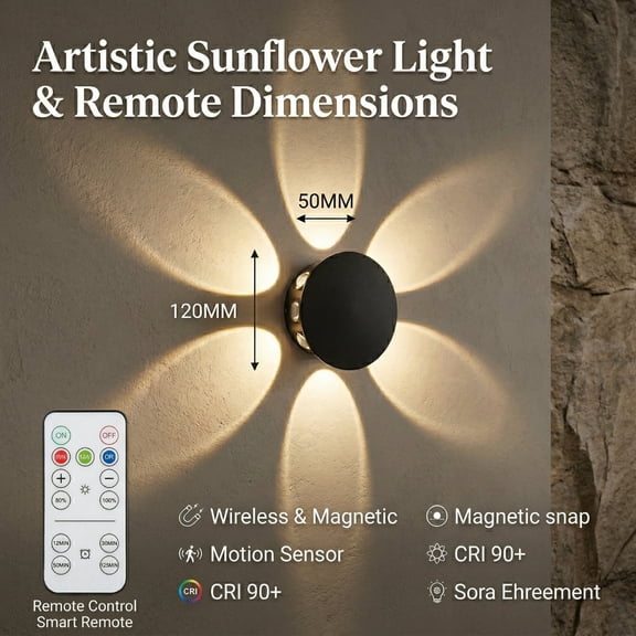 6 Petal Sunflower Projection LED Wall Light,Wireless Remote Control Motion Sensor Wall Lamp,Ideal for Bedroom,Hallway,Stairway,Indoor Decor