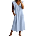 thumbnail image 5 of ClodeEU Women's Linen V Neck Flutter Sleeves Dress with Pockets,Solid Color Casual Loose Fit Summer Midi Dress Light Blue,Women's Plus L, 5 of 6