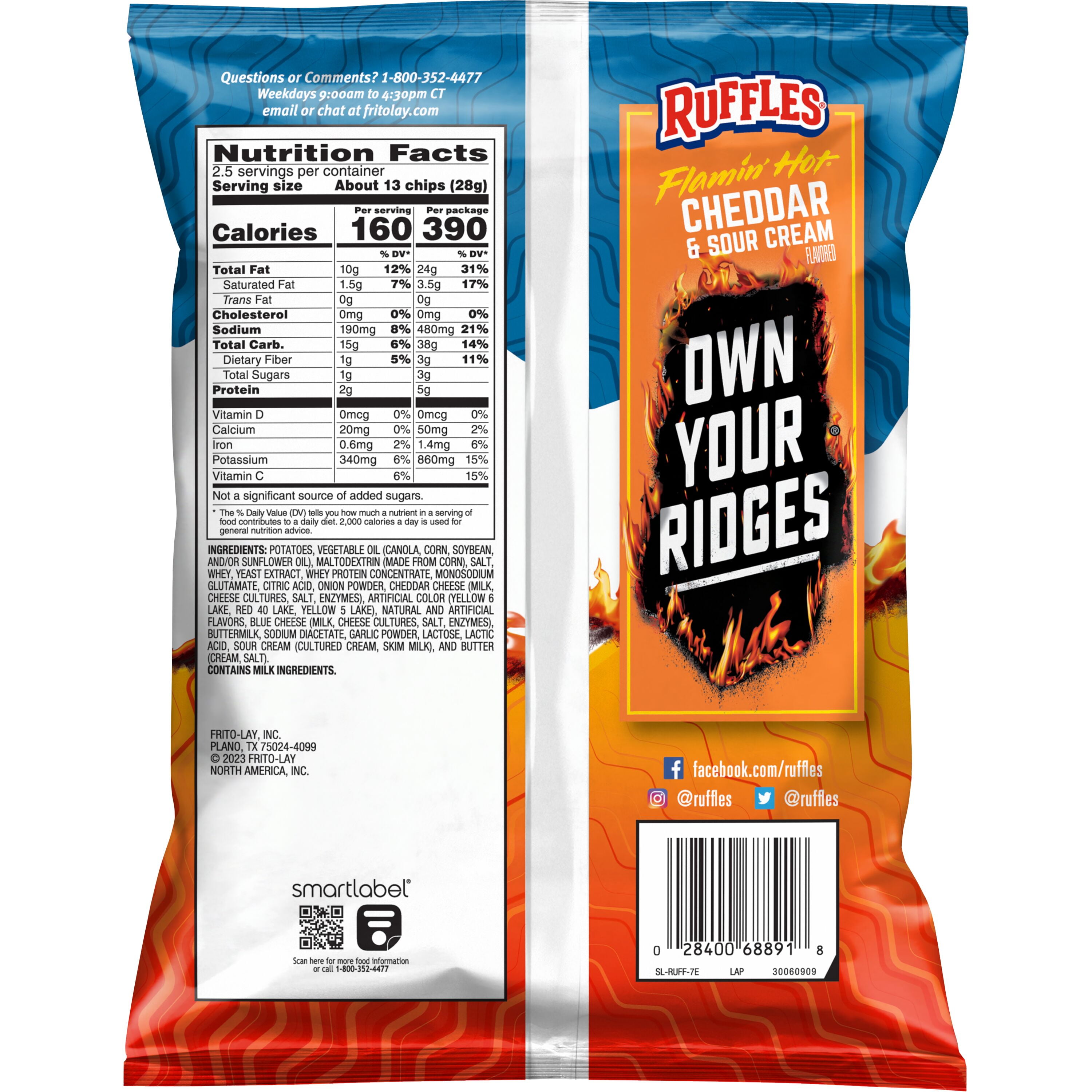 Ruffles Potato Chips Flamin' Hot Cheddar Sour Cream Flavored Snacks, 2.5oz Bag