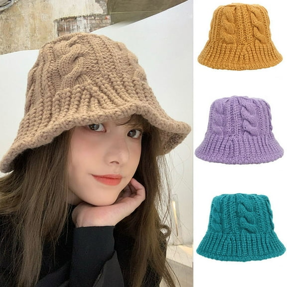 GROFRY Fisherman Hat Breathable Twist Braid Solid Color Sun Protection Plush Bucket Cap for Winter