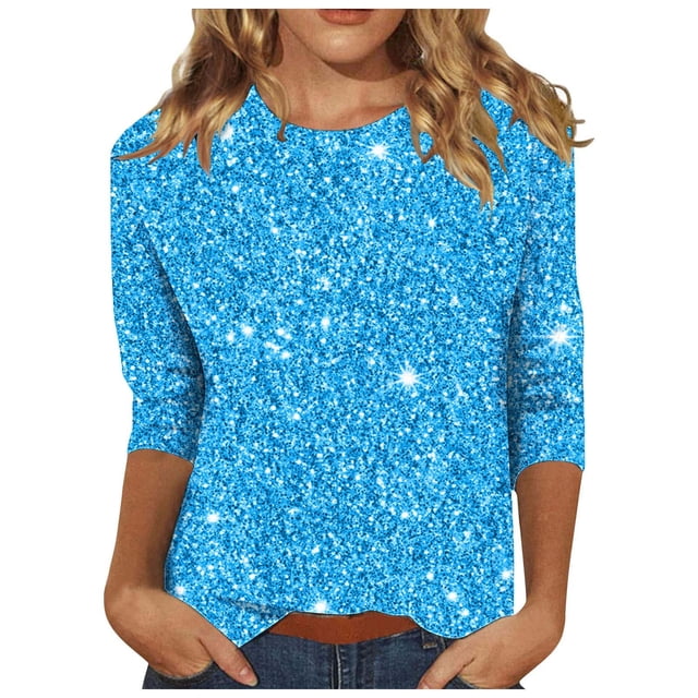 ZVAVZ Hauts d'Été Décontractés pour Femmes, Chandail Imprimé Mode pour Femmes, T-Shirts à Manches 3/4 Col Rond, T-Shirts Graphiques pour Femmes en Solde Bleu, P