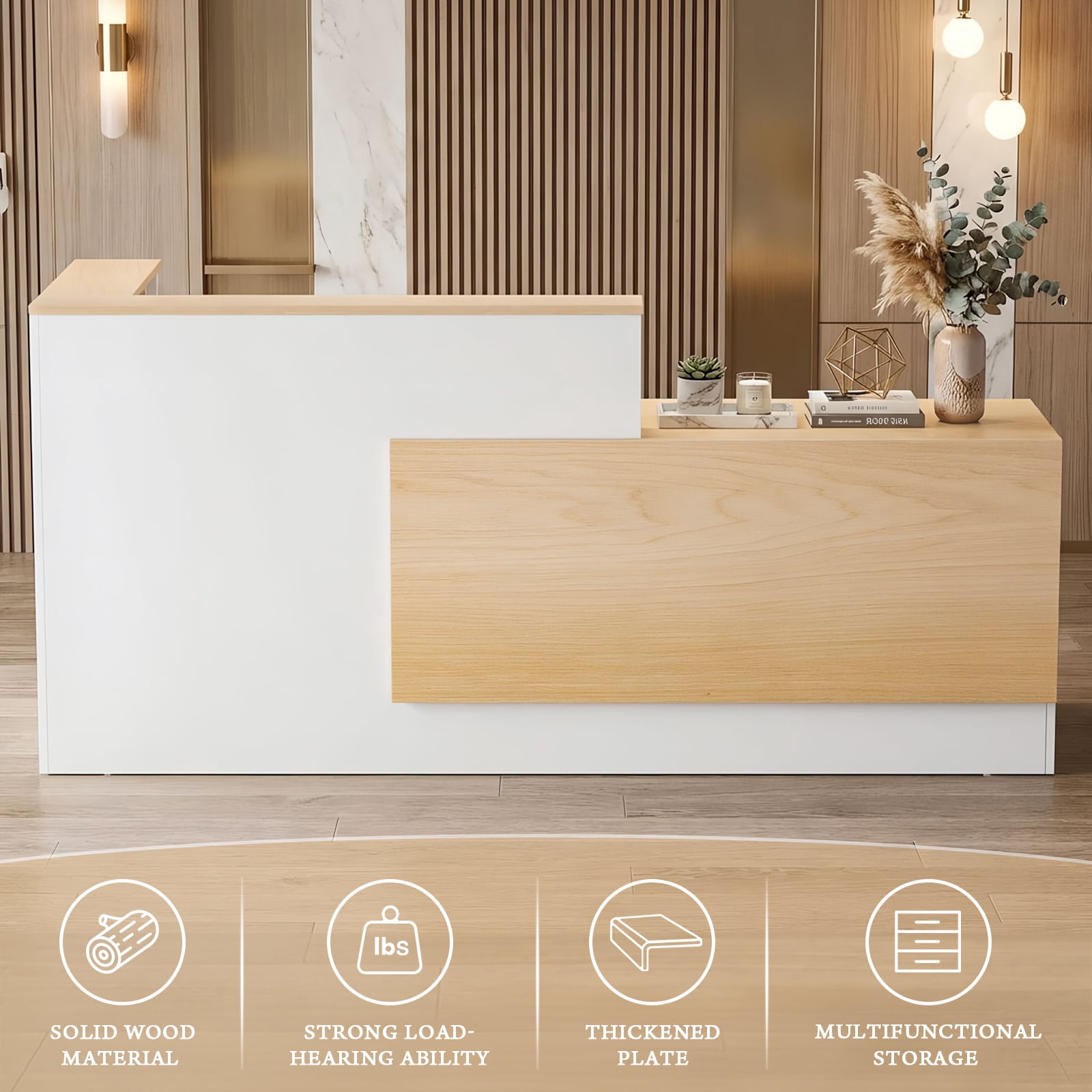 Vakiorn 71in L-Shaped Reception Desk Natural Wood White with Lockable Drawers for Office Lobby