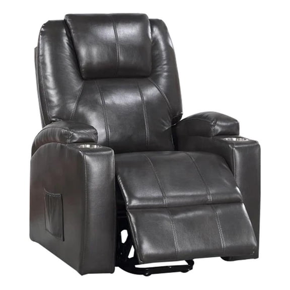 Benjara Evans 37" Recliner Chair- Power Lift- Cupholders- Gray Faux Leather