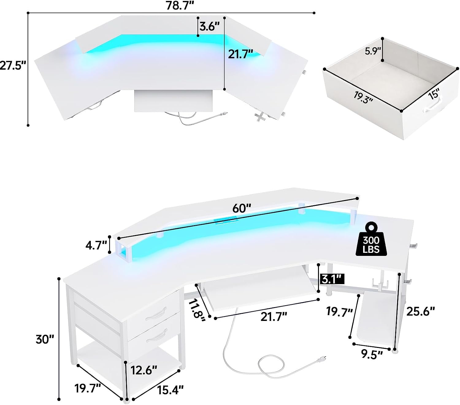 79" Gaming Desk, Computer Desk with 2 Fabric Drawers & LED Light, White Small Desk with Storage for Home Office, Carbon Fiber White