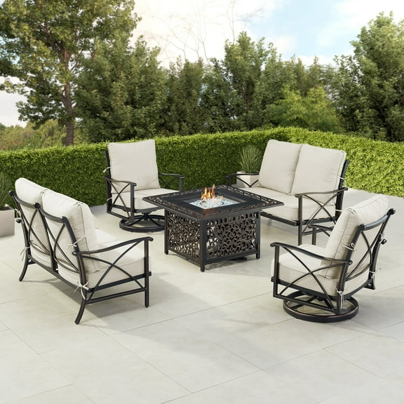 Black Aluminum Fire Table Set with Two Deep Seating Loveseat with Cushions and Two Club Chairs