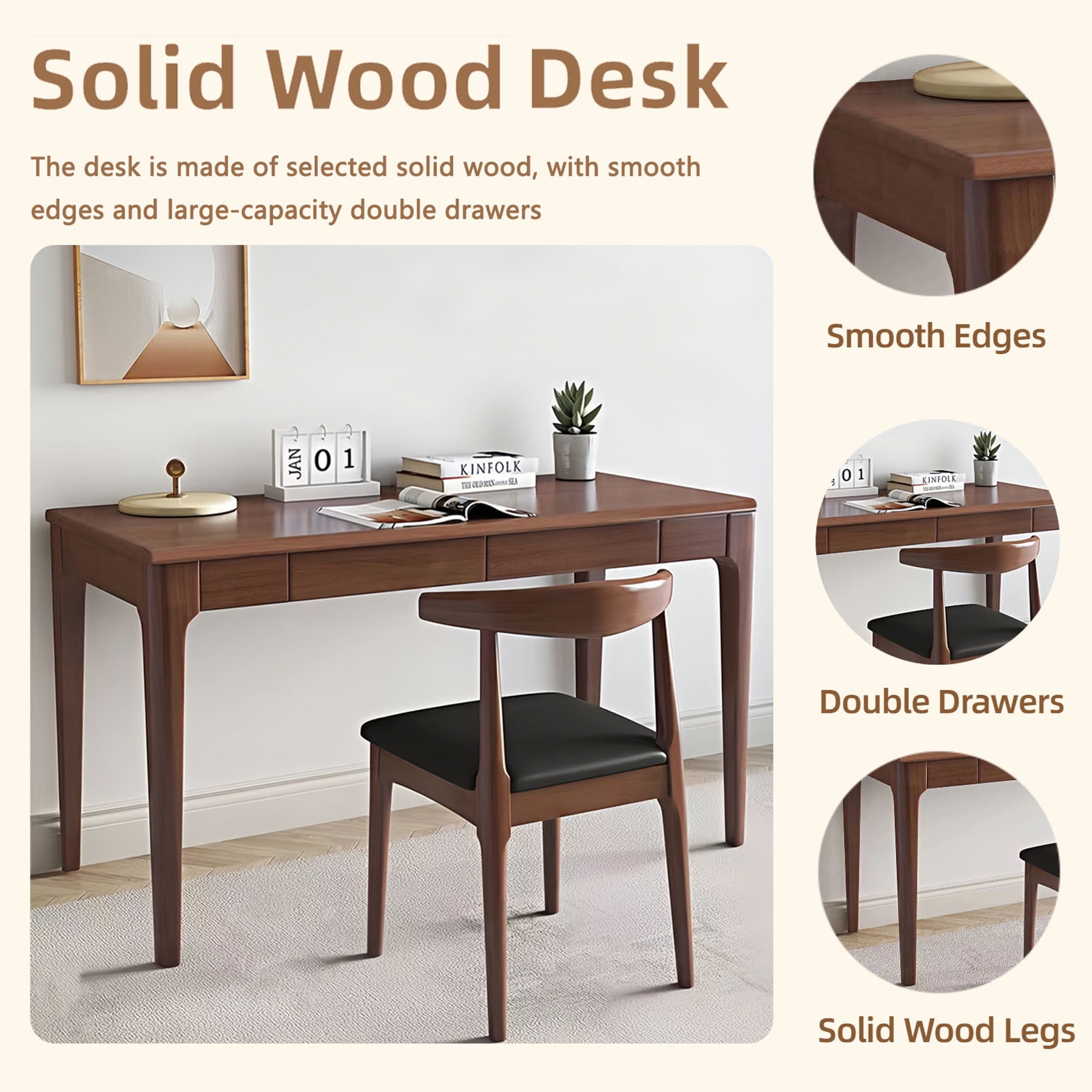 CQSXDA Solid Wood Standing Desk with Drawers in Natural Finish, Mid Century Modern Office Desk for Small Spaces