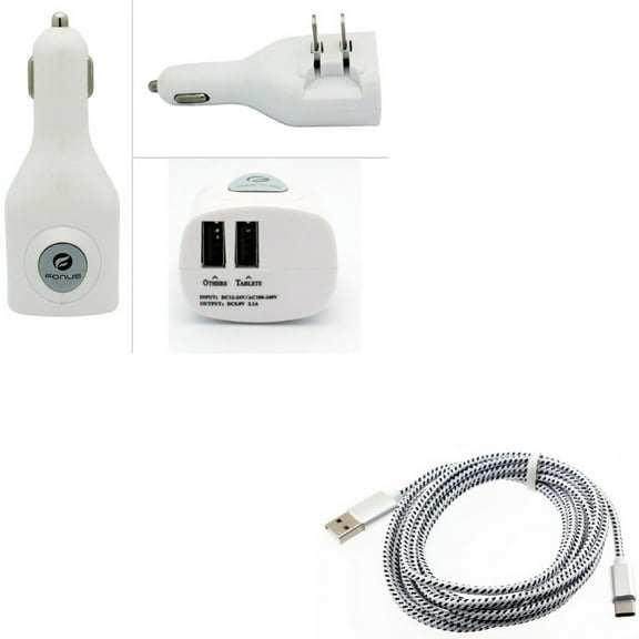 2-Port USB Car Home Charger w Type-C 10ft USB Cable A1G for Acer Liquid Jade Primo - Alcatel PulseMix, 7, Idol 5S 5 4S - ASUS Zenfone V Live, ROG Phone, AR 6 5z 4 Pro - Blackberry Key2, Motion